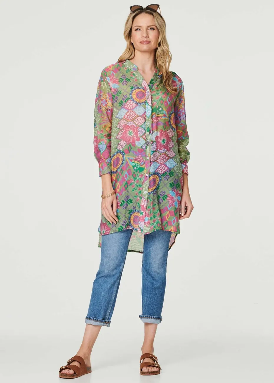 Izabel London Green Printed Semi Sheer Longline Blouse