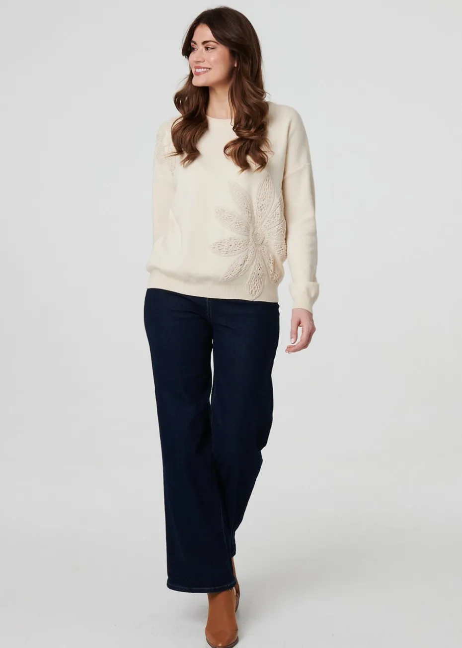 Izabel London Ivory Floral Embroidered Drop Shoulder Jumper