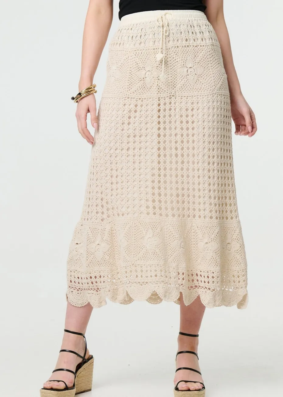 Izabel London Ivory Mesh Crochet Texture Tie Waist Midi Skirt