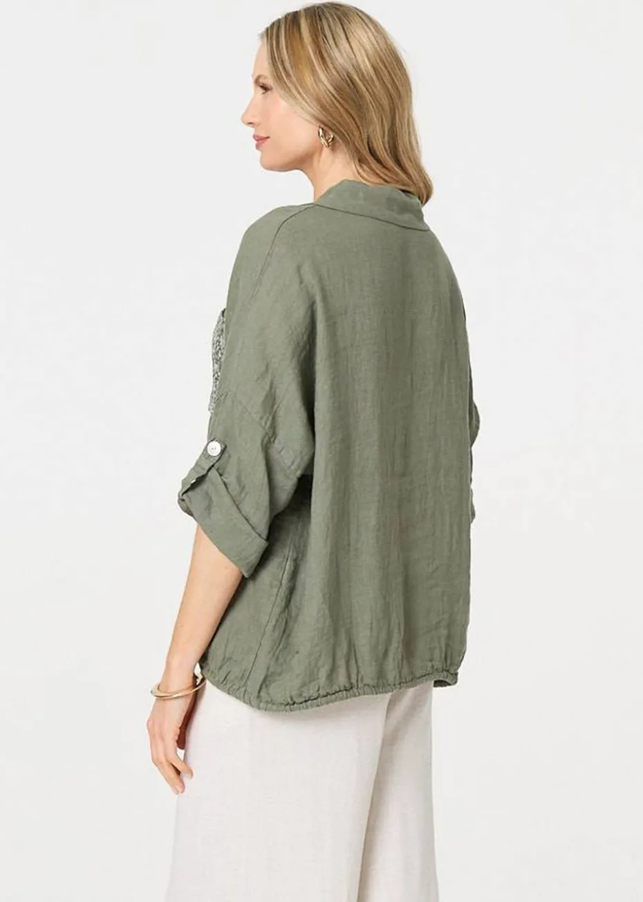 Izabel London Khaki Sequin Detail 3/4 Turn-Up Sleeve Shirt