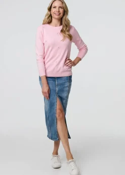 Izabel London Light Pink Floral Gemstone Embellished Jumper