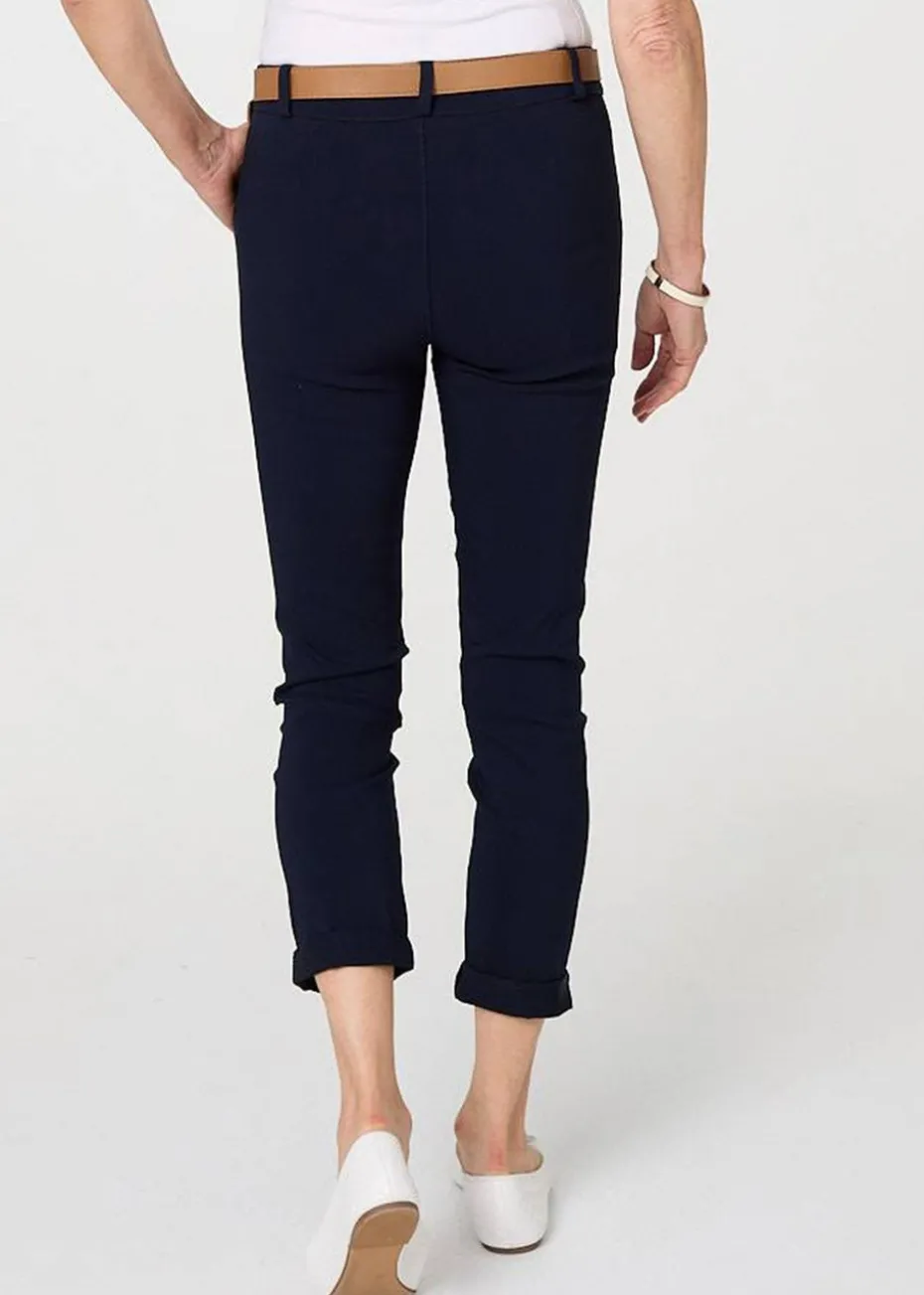 Izabel London Navy Belt Detail Slim Fit Cropped Trousers