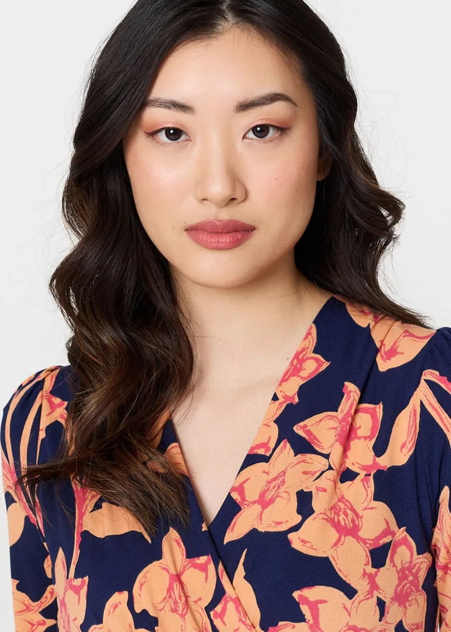 Izabel London Navy Floral 1/2 Sleeve Faux Wrap Midi Dress