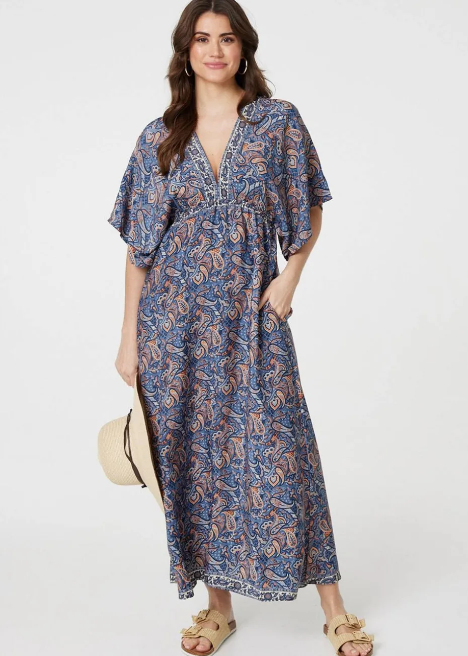 Izabel London Navy Paisley Print Kimono Sleeve Midi Dress