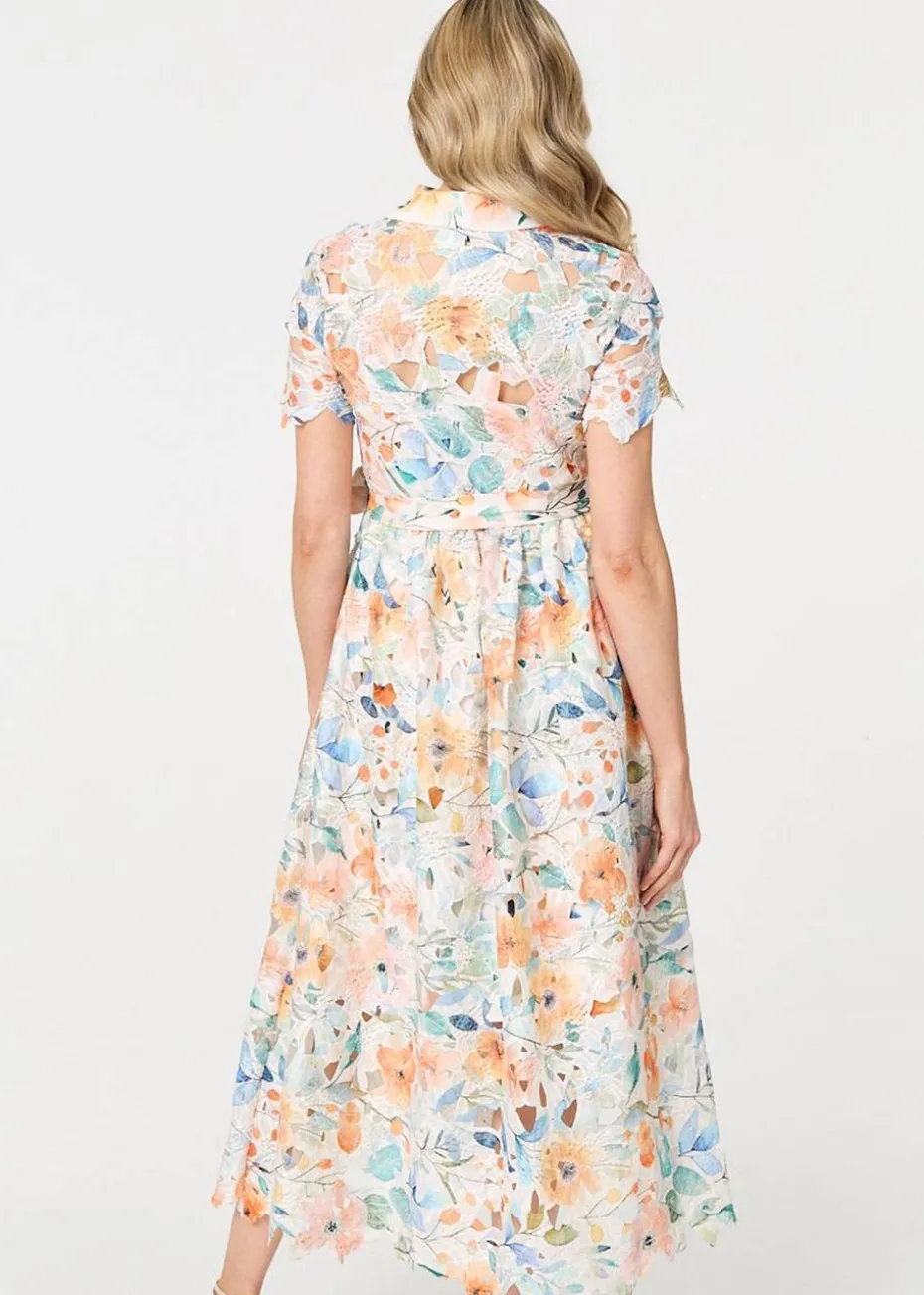Izabel London Orange Floral Cut Out Tie Waist Midi Shirt Dress