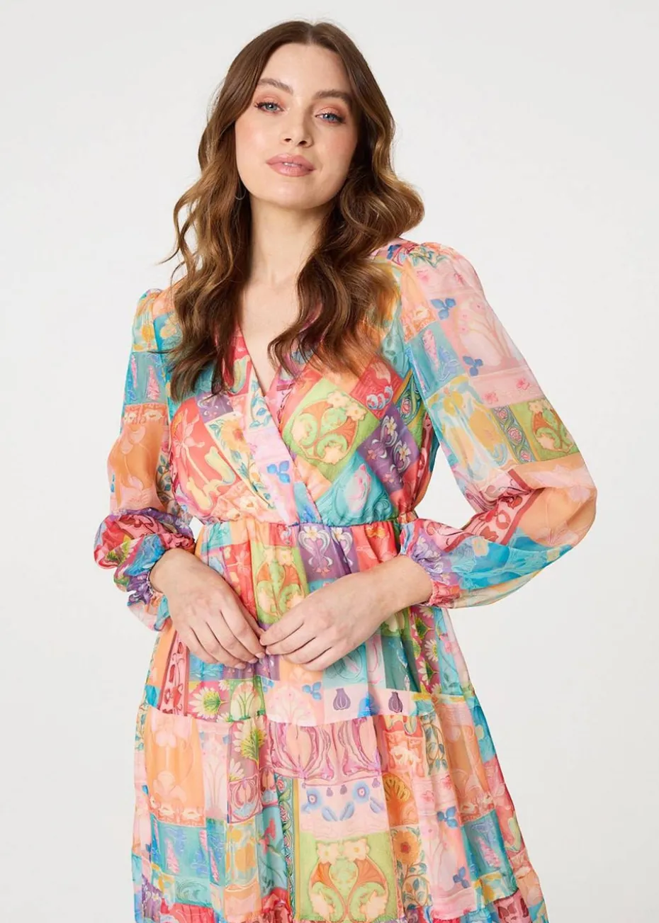Izabel London Orange Patchwork Print Tiered Empire Midi Dress