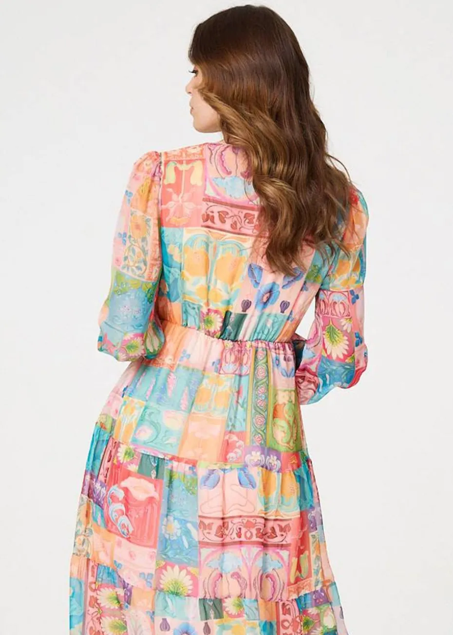 Izabel London Orange Patchwork Print Tiered Empire Midi Dress