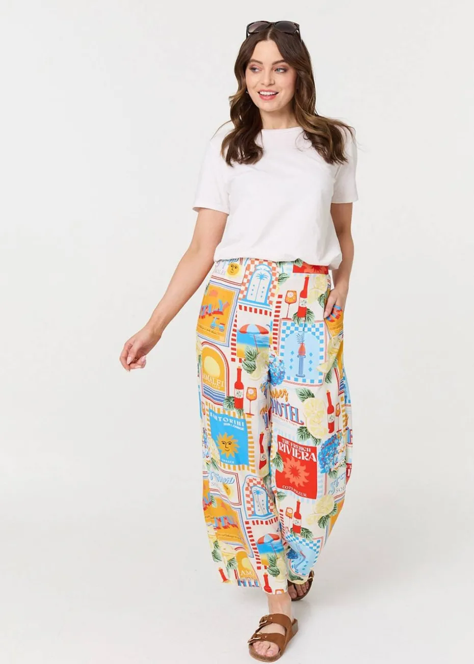 Izabel London Orange Riviera Print Wide Leg Trousers