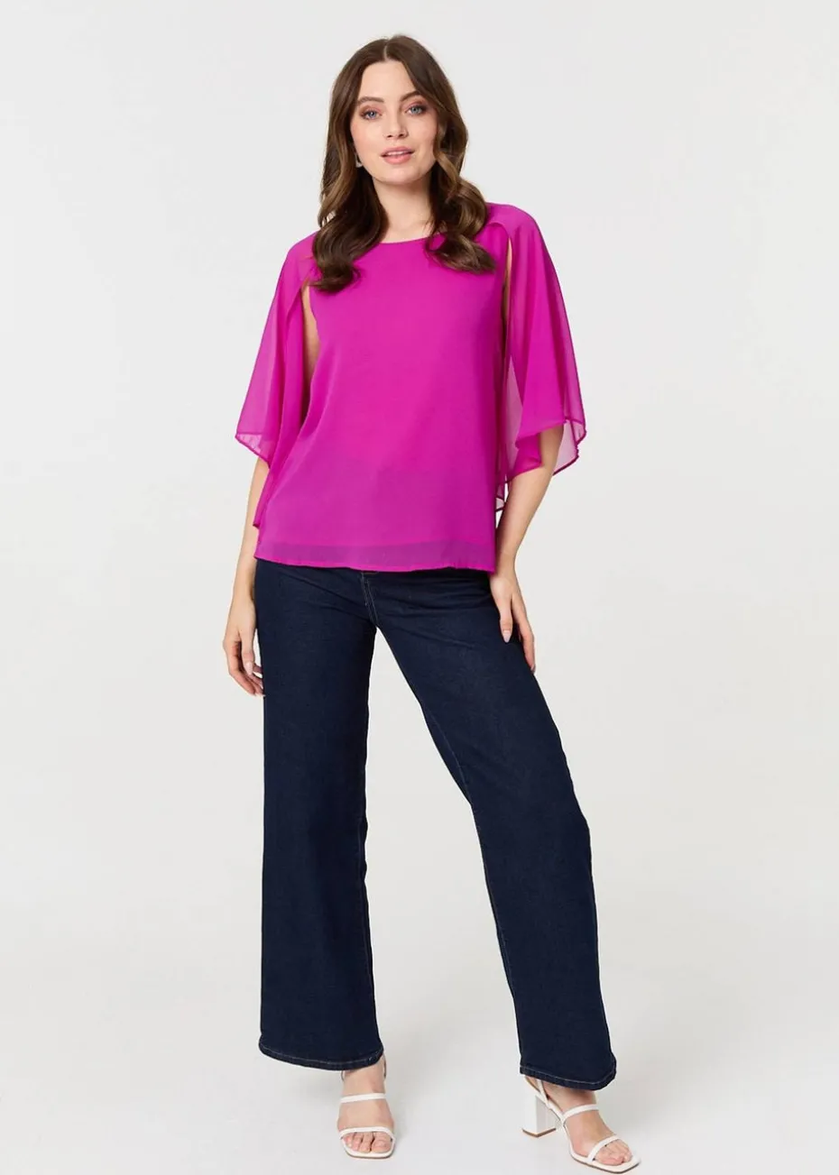 Izabel London Orchid Semi Sheer Cut Out 3/4 Sleeve Blouse