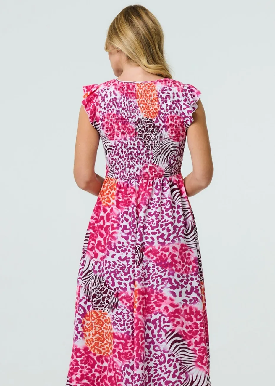 Izabel London Pink Animal Print Cap Sleeve Smocked Midi Dress
