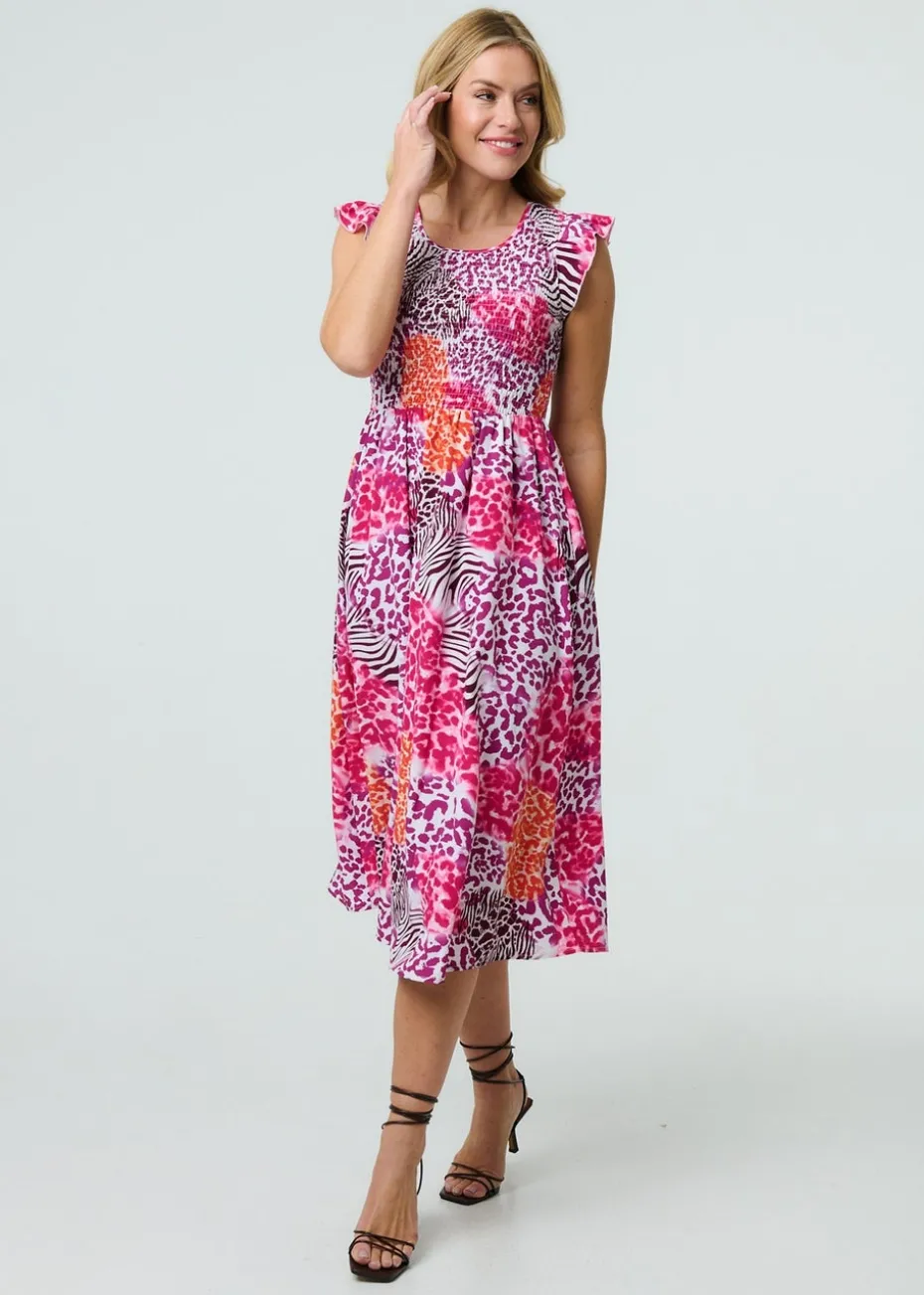 Izabel London Pink Animal Print Cap Sleeve Smocked Midi Dress