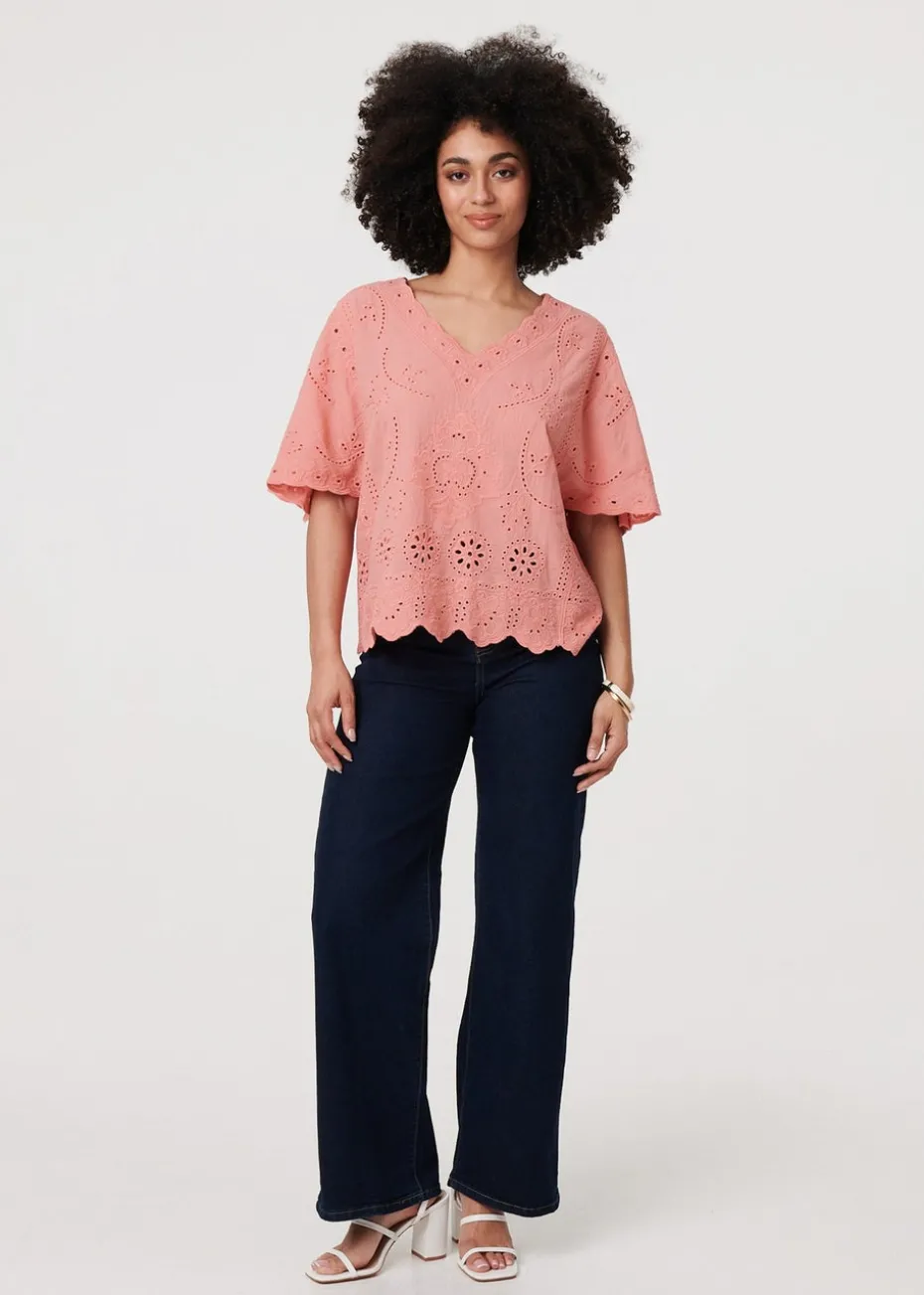 Izabel London Pink Broderie Anglaise Angel Sleeve Blouse