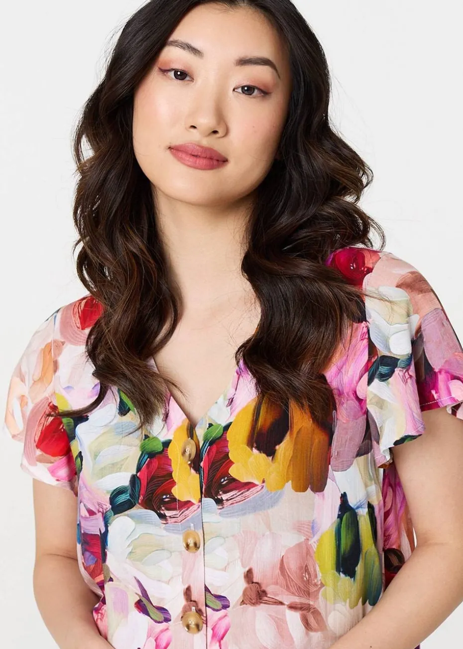 Izabel London Pink Brushstroke Floral V Neck Smock Dress