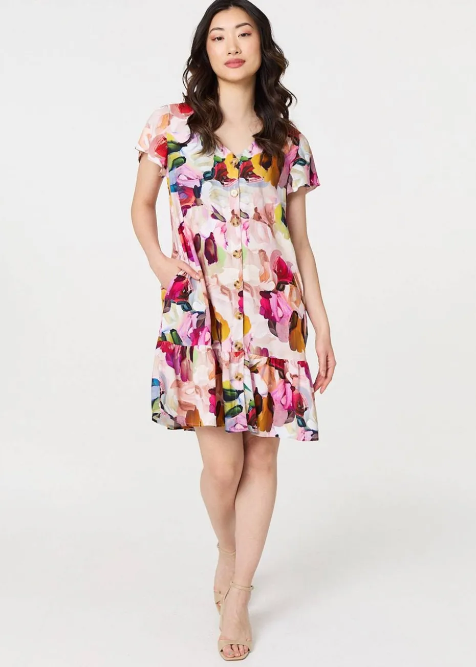 Izabel London Pink Brushstroke Floral V Neck Smock Dress