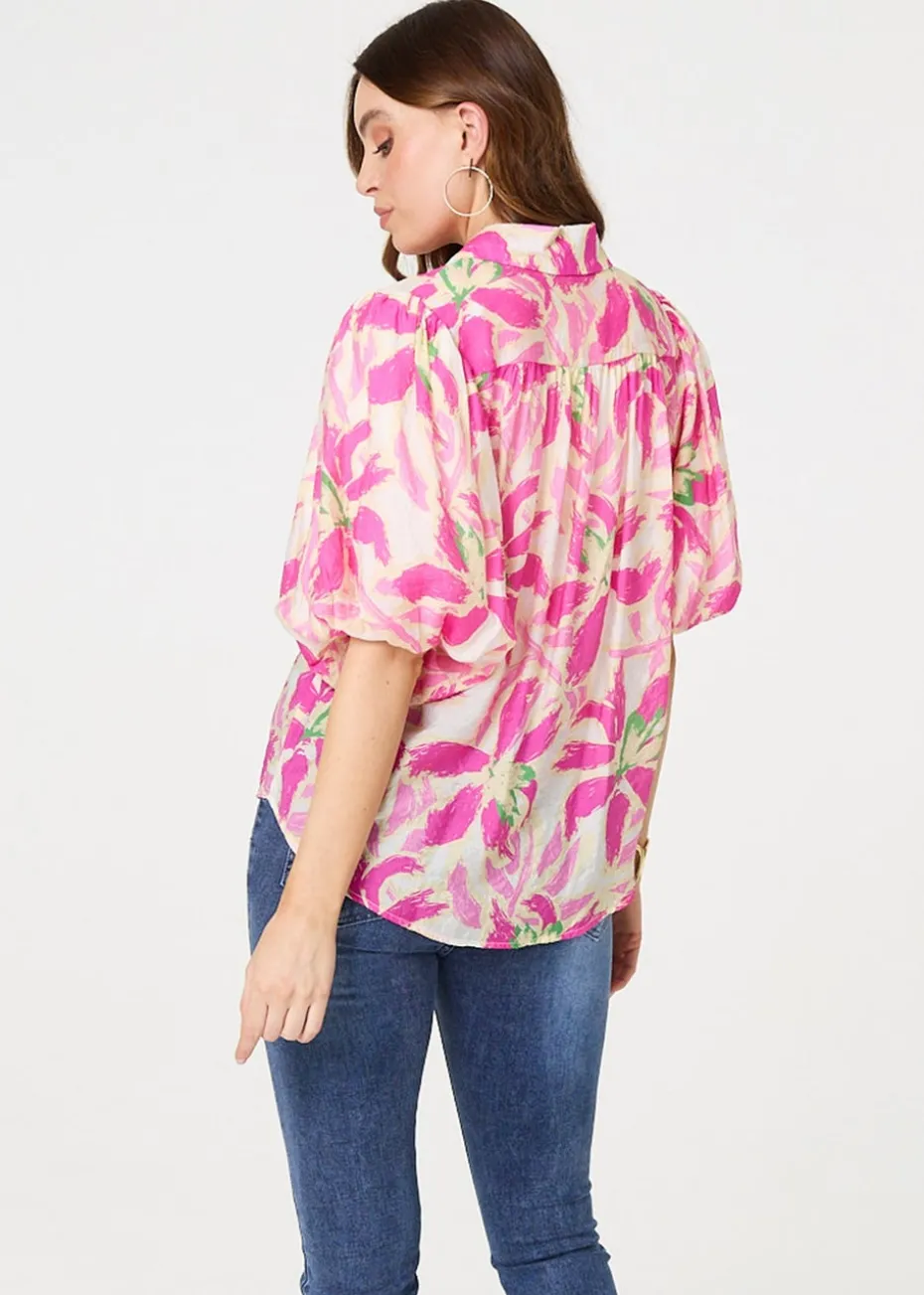 Izabel London Pink Floral Puff Sleeve Collared Shirt