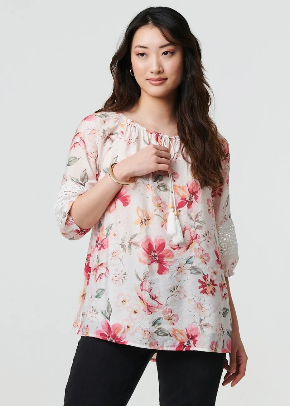 Izabel London Pink Floral Lace Trim Bardot Neck Blouse