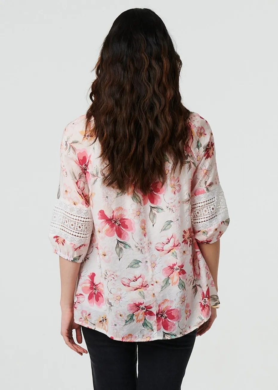 Izabel London Pink Floral Lace Trim Bardot Neck Blouse