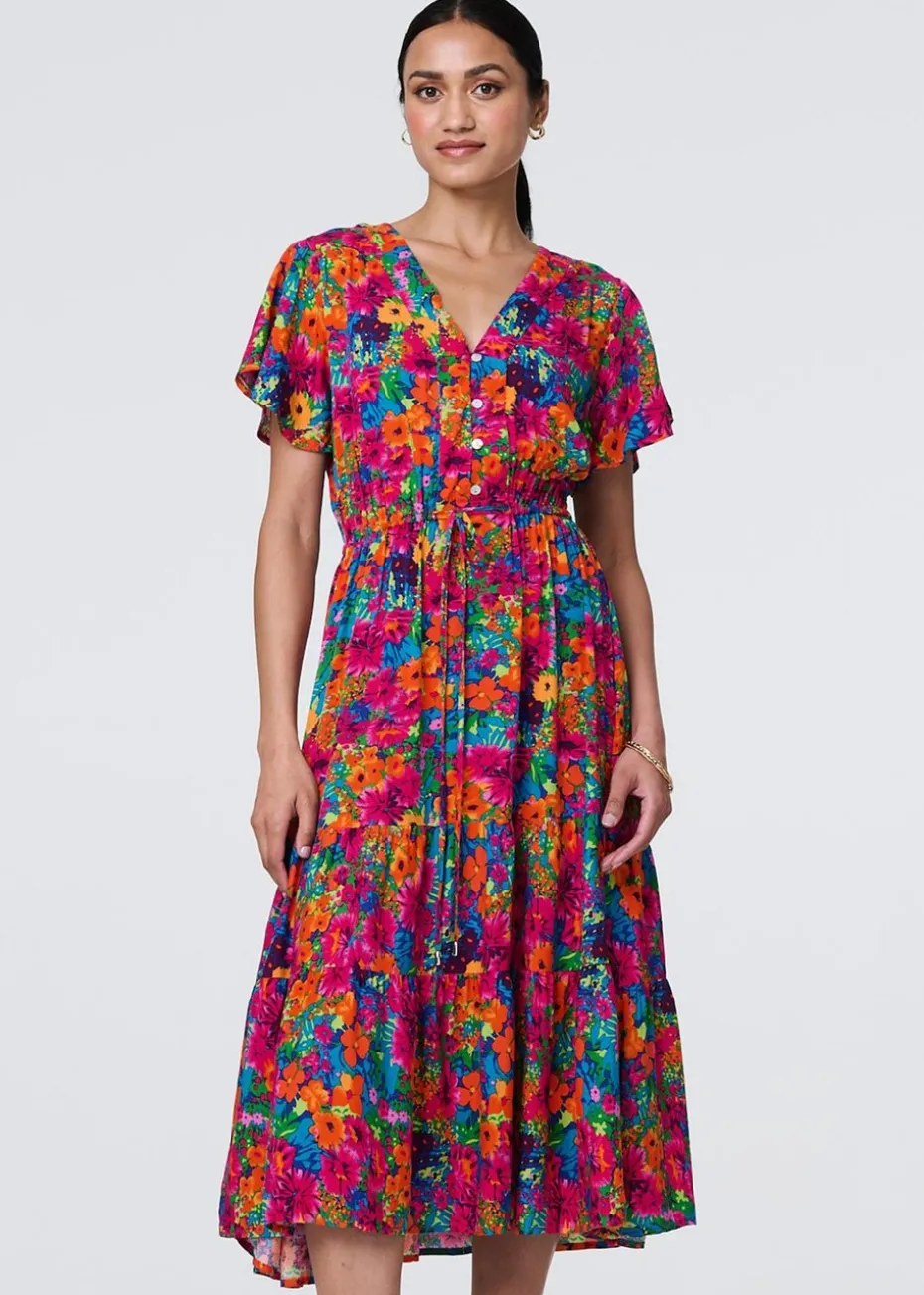 Izabel London Pink Floral Short Sleeve Tie Waist Dress