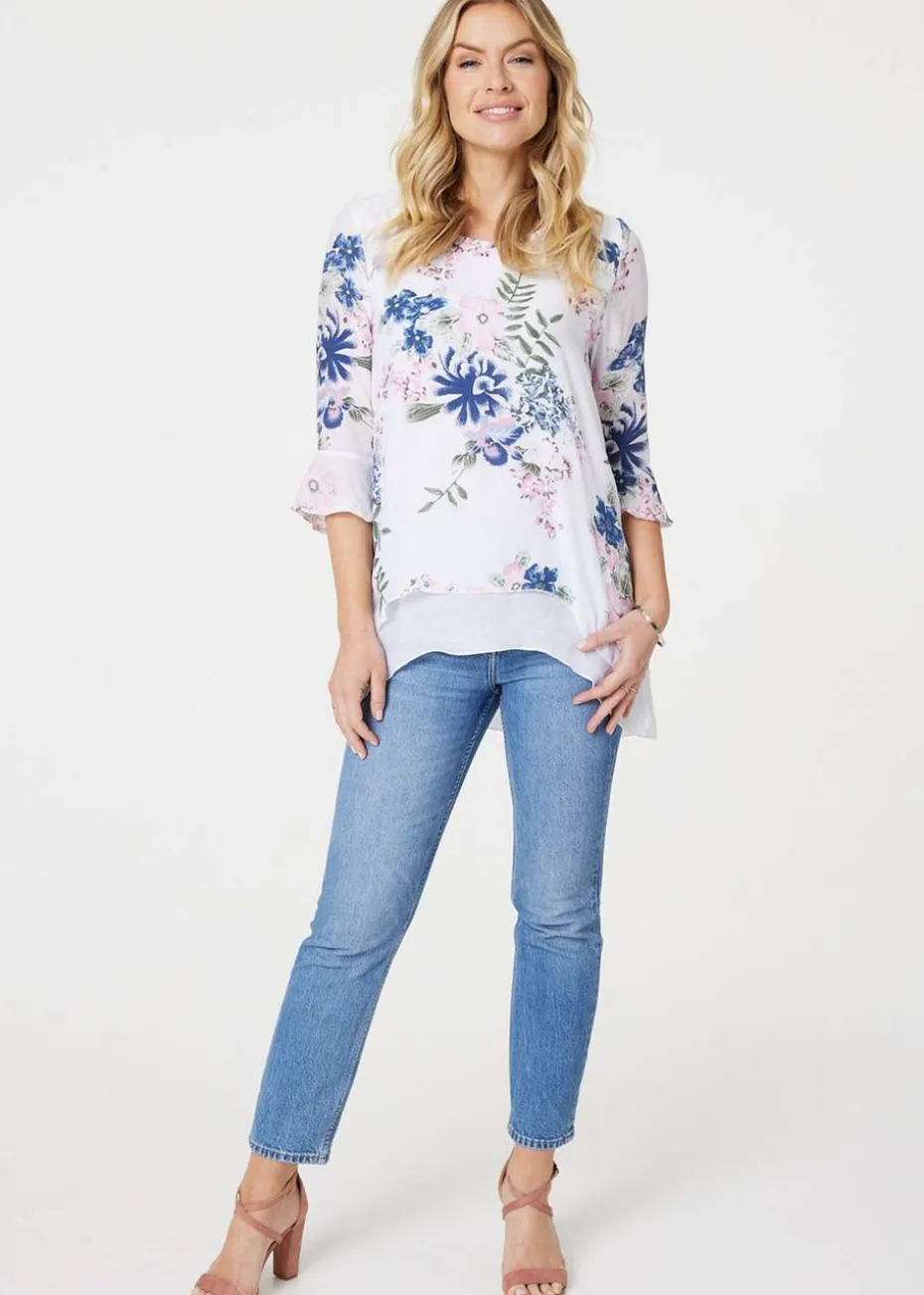 Izabel London Pink Floral 3/4 Flare Sleeve Curve Hem Top