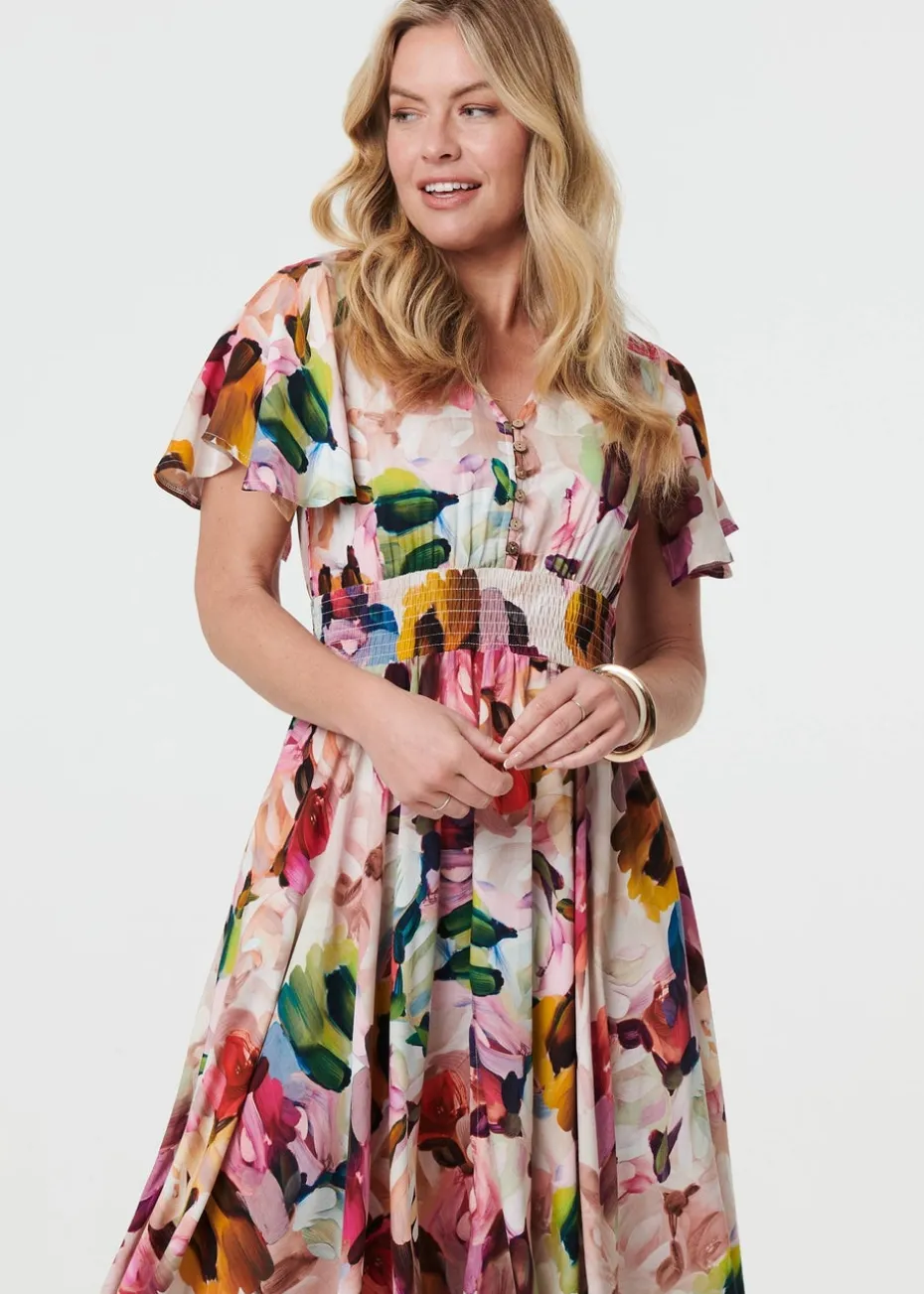 Izabel London Pink Floral Short Puff Sleeve Midi Dress