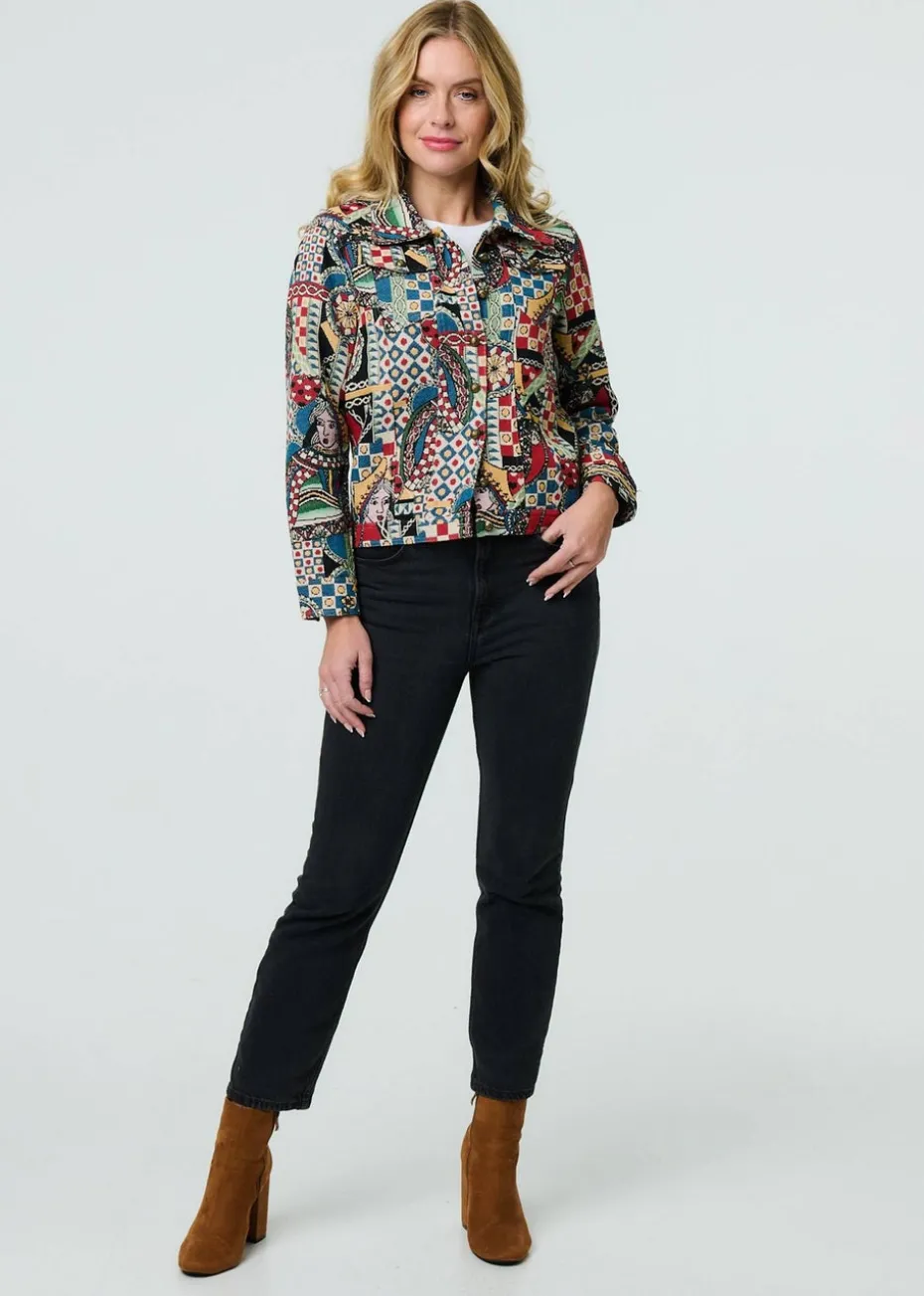 Izabel London Red Abstract Print Cropped Collared Jacket