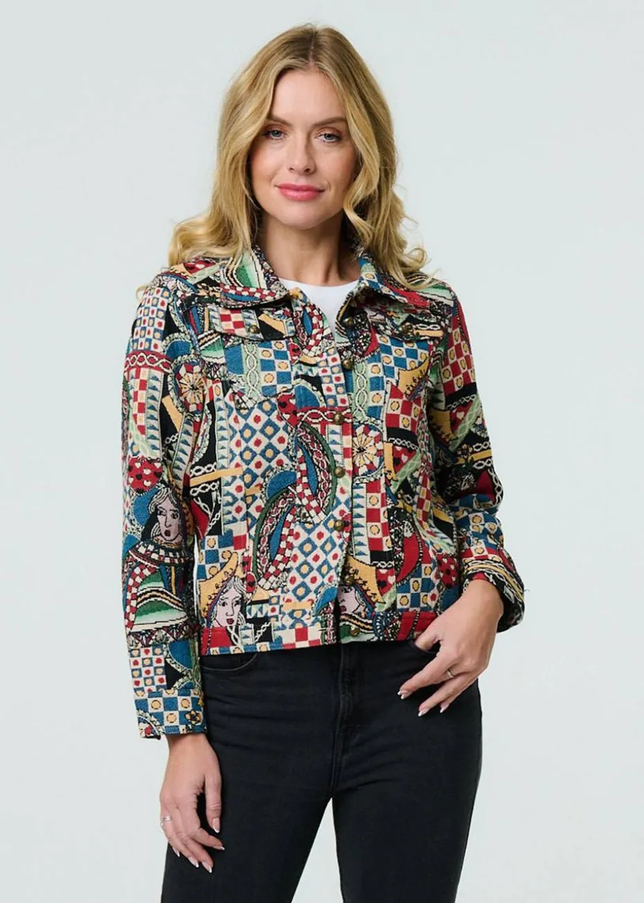 Izabel London Red Abstract Print Cropped Collared Jacket