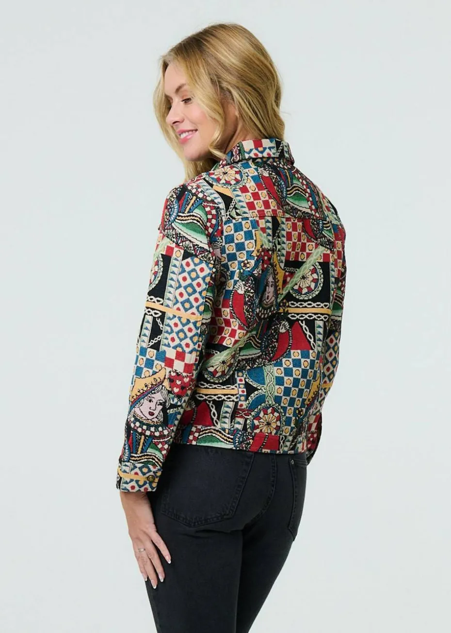 Izabel London Red Abstract Print Cropped Collared Jacket