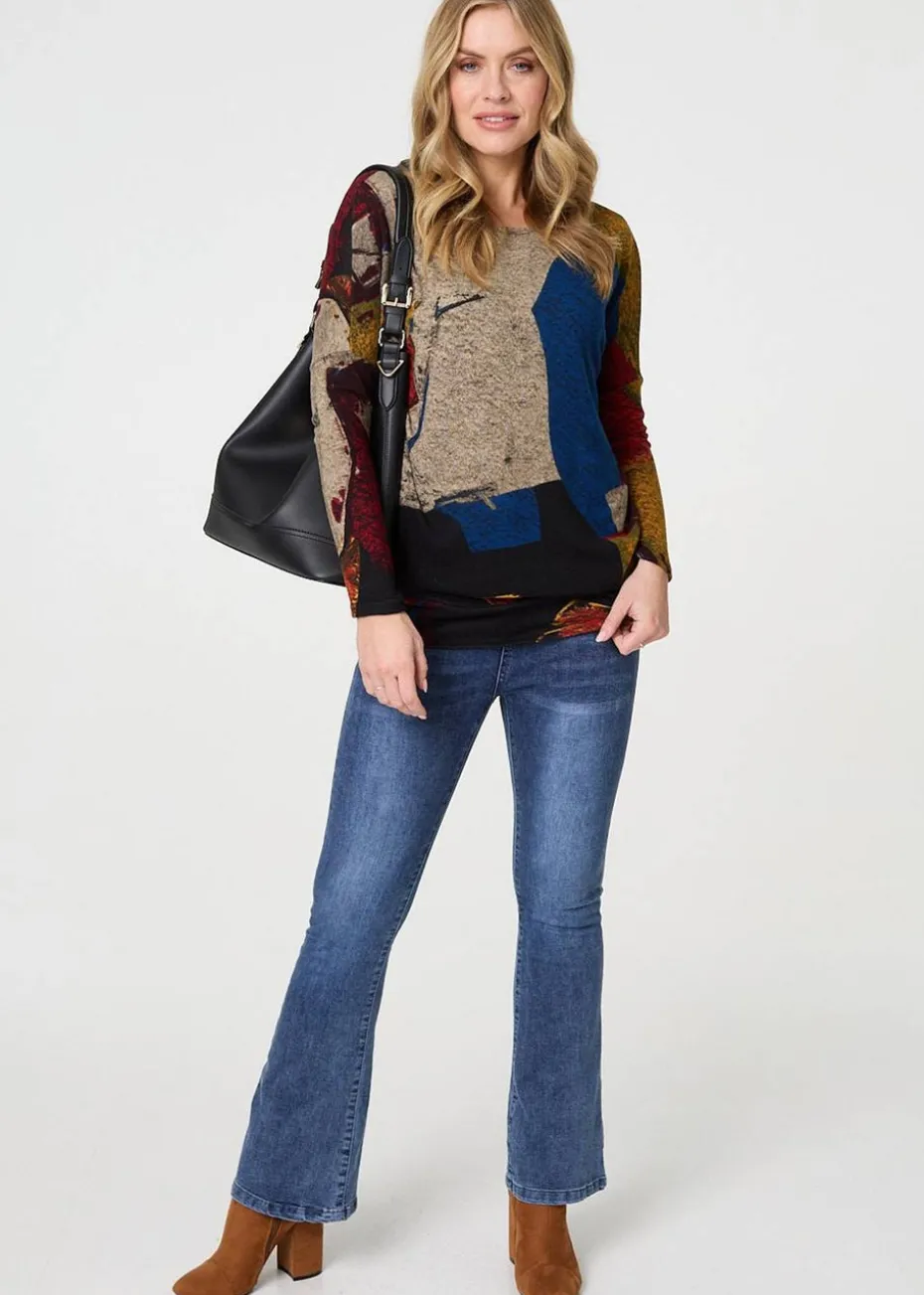Izabel London Red Abstract Long Sleeve Relaxed Knit Top