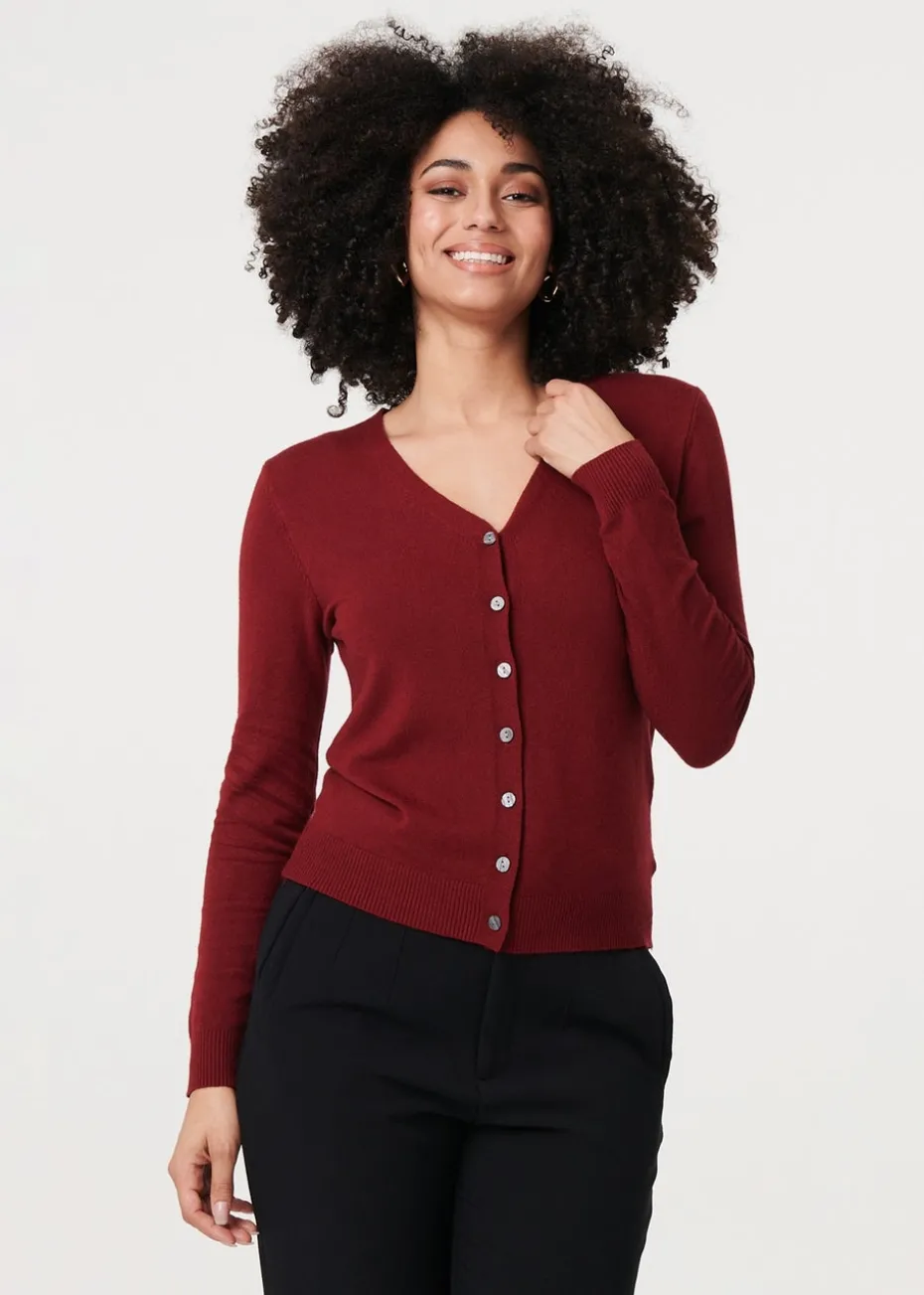 Izabel London Red Cropped Button Up Slim Knit Cardigan