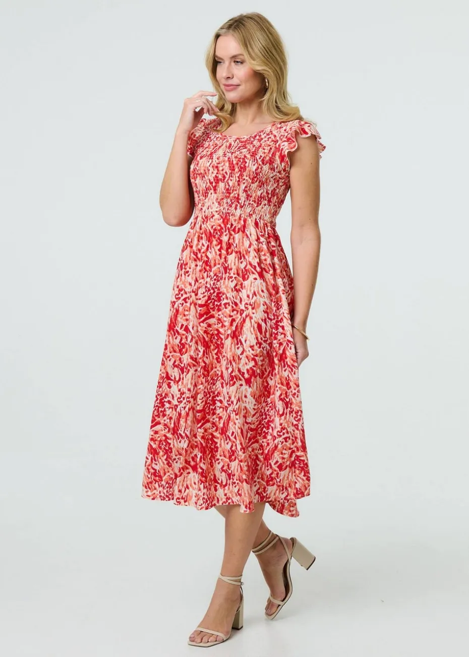 Izabel London Red Floral Ruffled Cap Sleeve Midi Dress
