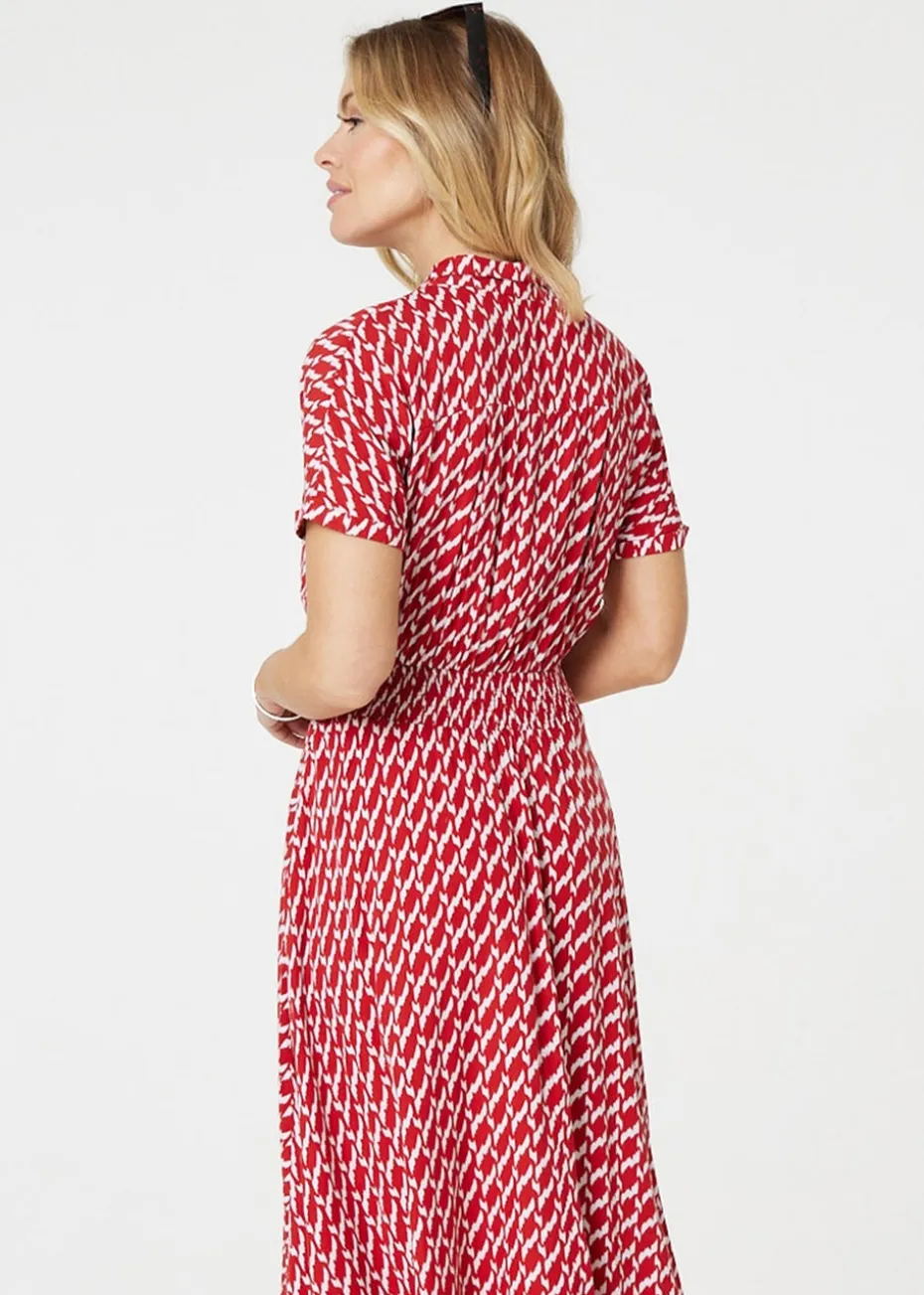 Izabel London Red Geo Print Hanky Hem Midi Dress