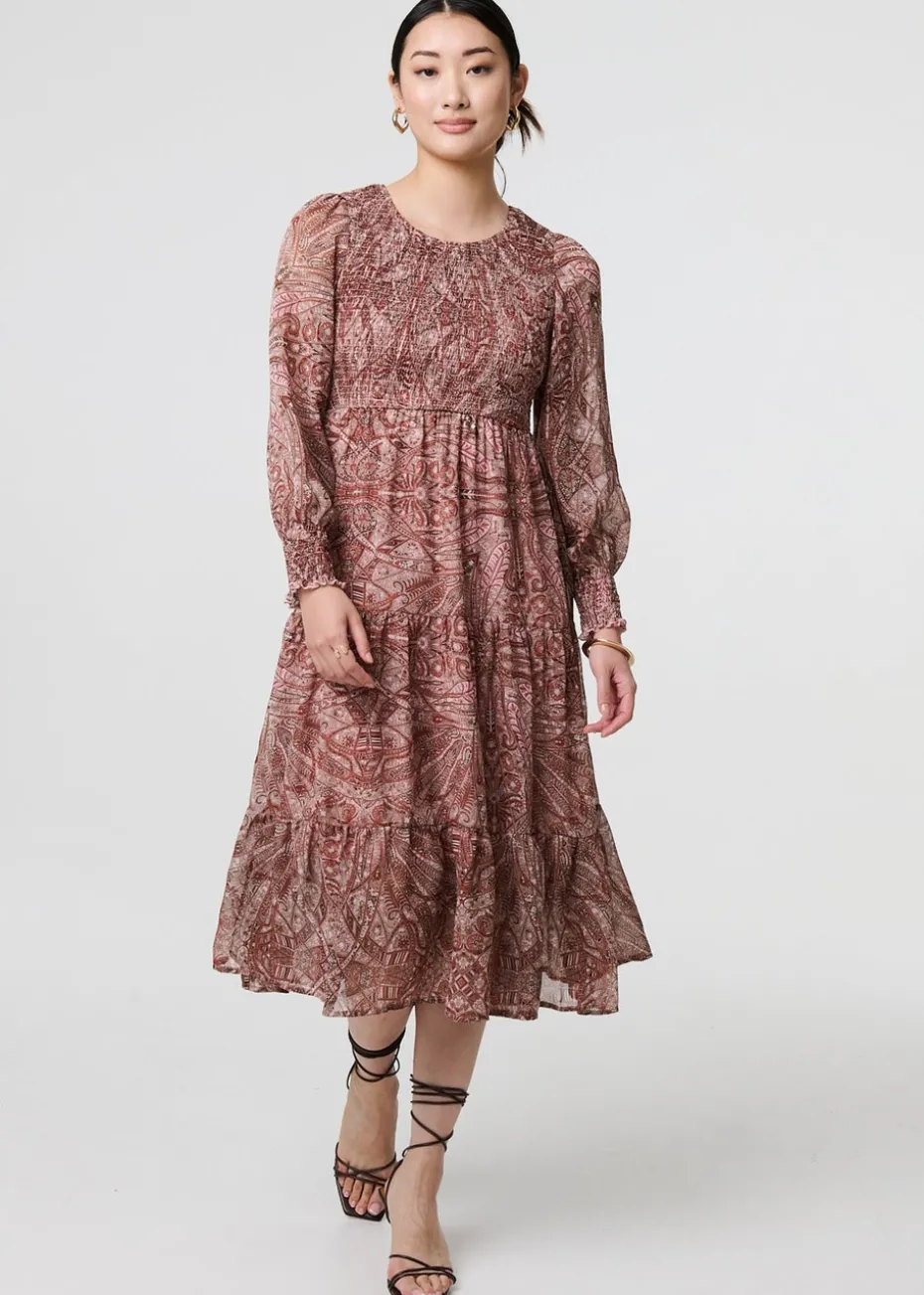 Izabel London Red Printed Empire Tiered Midi Smock Dress