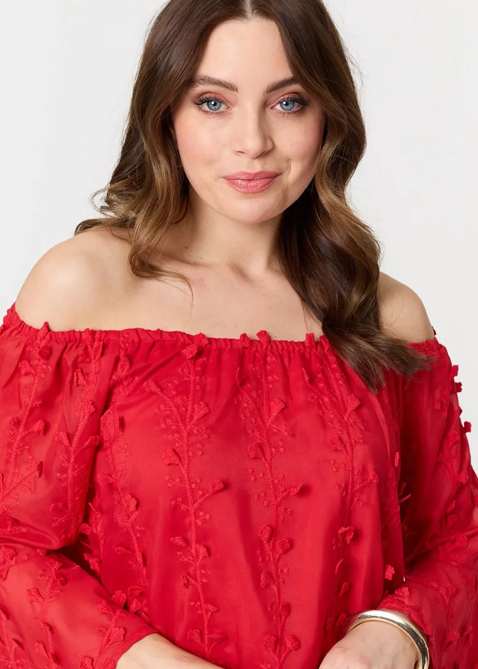 Izabel London Red Textured Semi Sheer Bardot Blouse