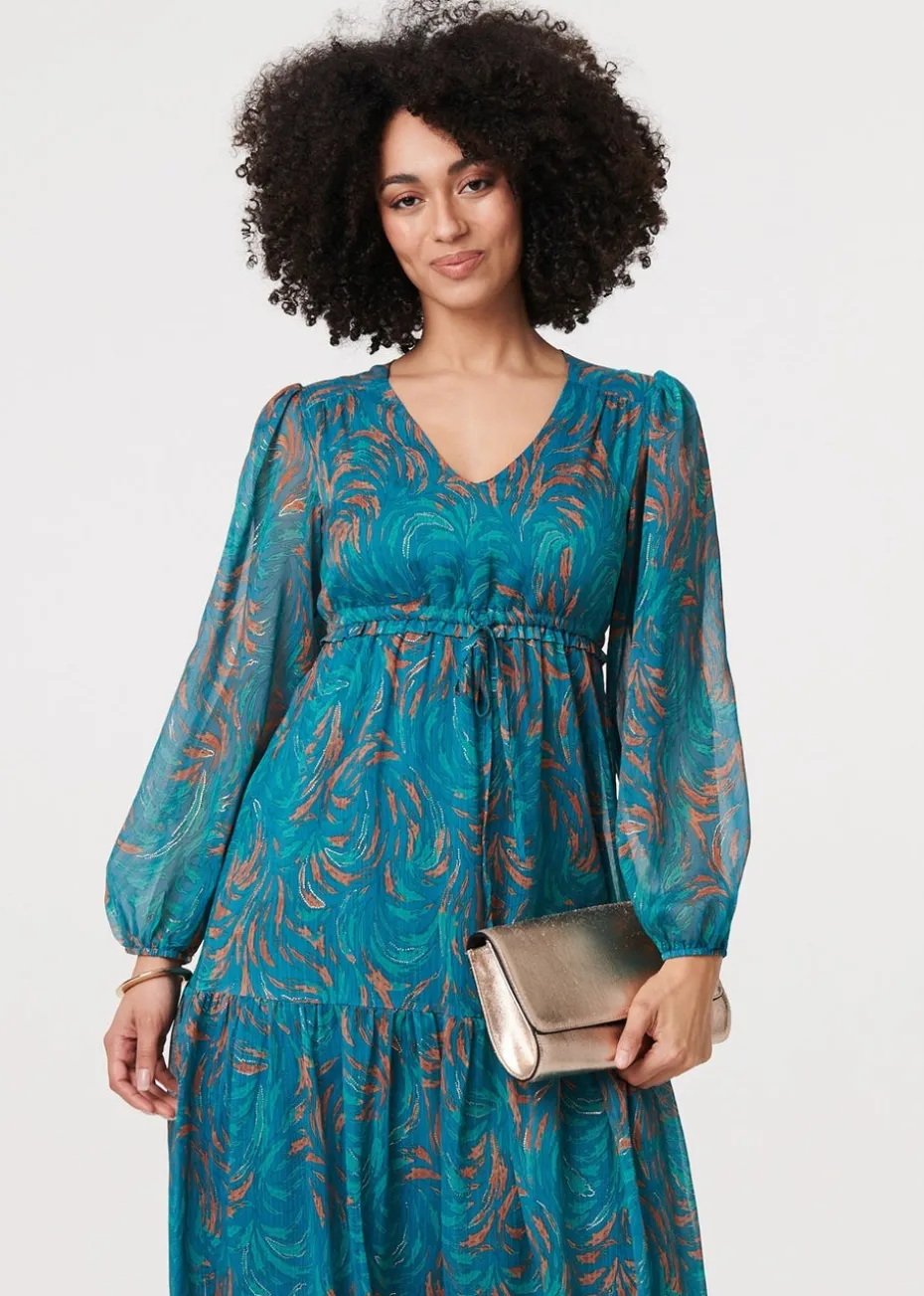 Izabel London Teal Leaf Print Sheer Tie Waist Maxi Dress