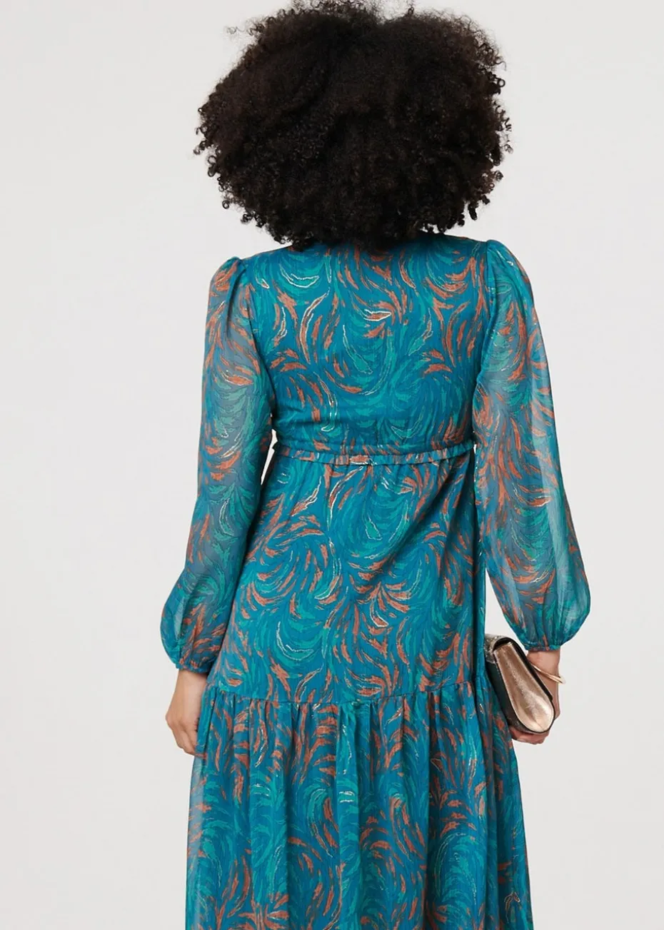 Izabel London Teal Leaf Print Sheer Tie Waist Maxi Dress