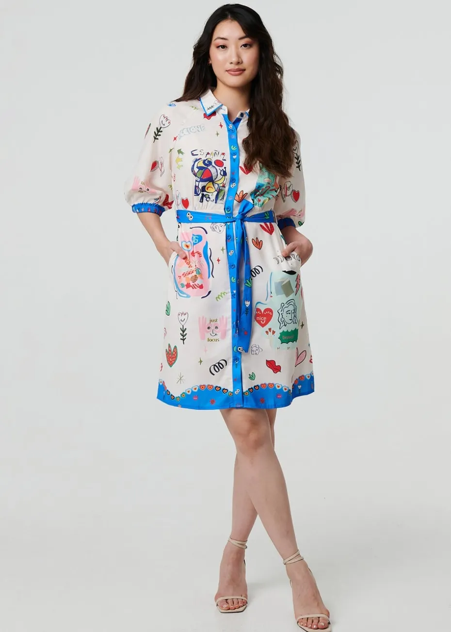 Izabel London White Abstract Tie Waist 3/4 Sleeve Shirt Midi Dress