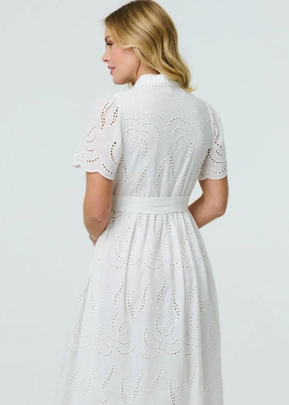 Izabel London White Broderie Anglaise Short Sleeve Midi Dress