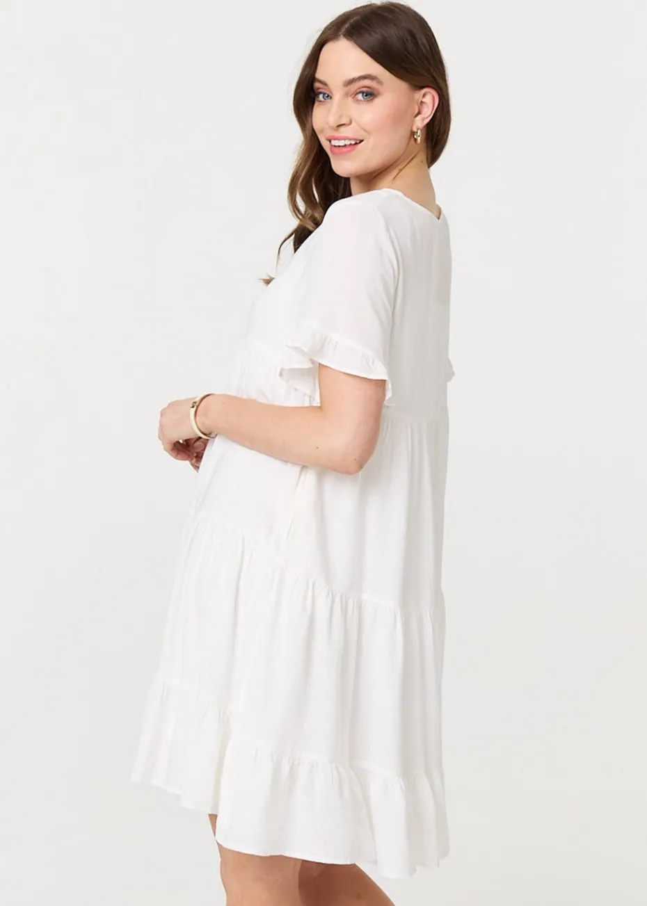 Izabel London White Short Sleeve Frilled Short Smock Dress