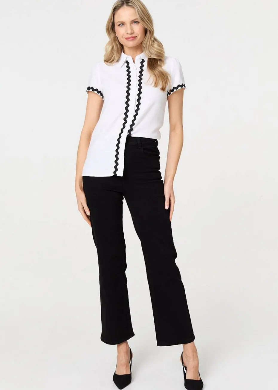 Izabel London White Zig Zag Trim Short Sleeve Shirt