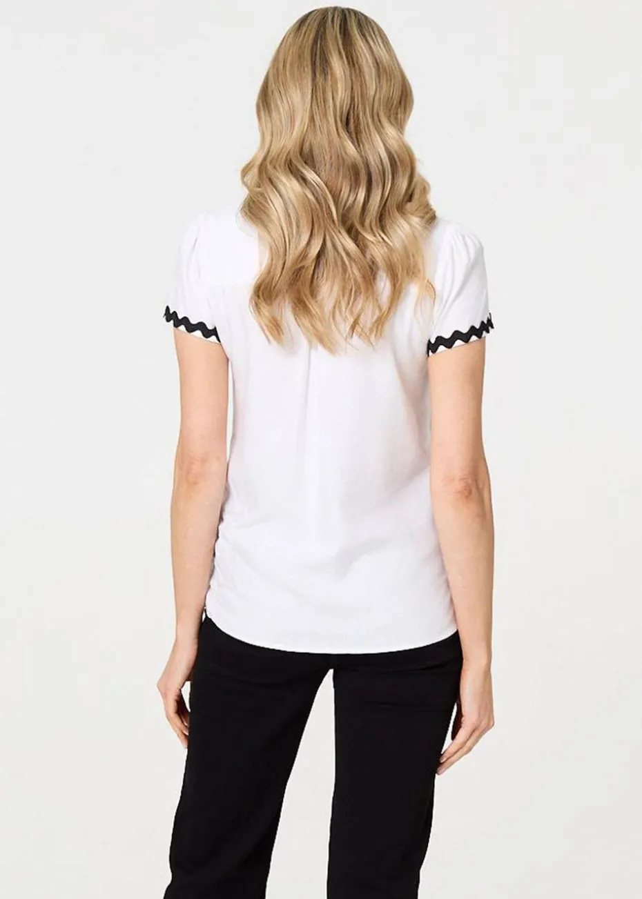 Izabel London White Zig Zag Trim Short Sleeve Shirt