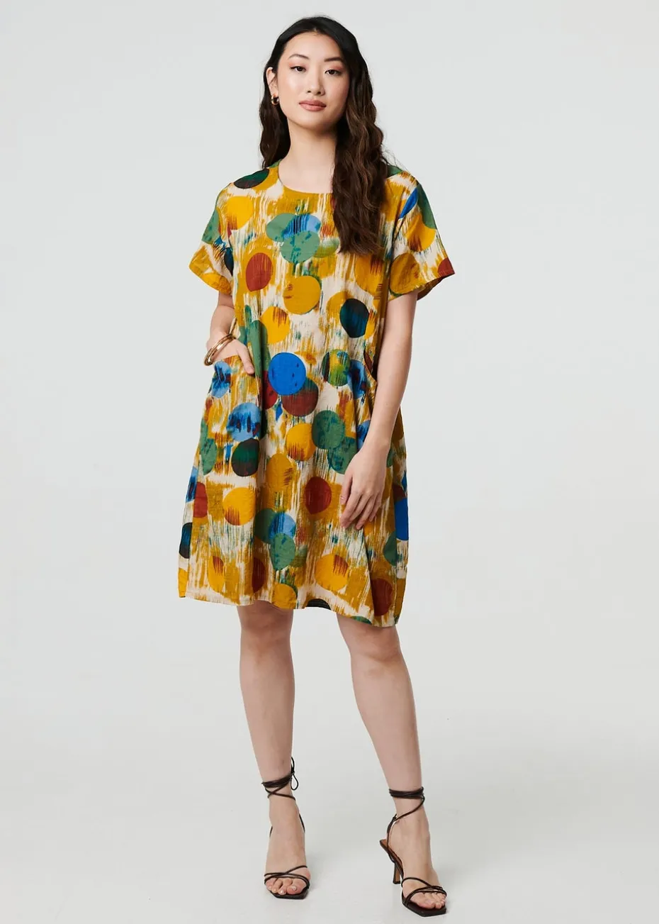 Izabel London Yellow Geo Print Short Sleeve Knee Length Dress
