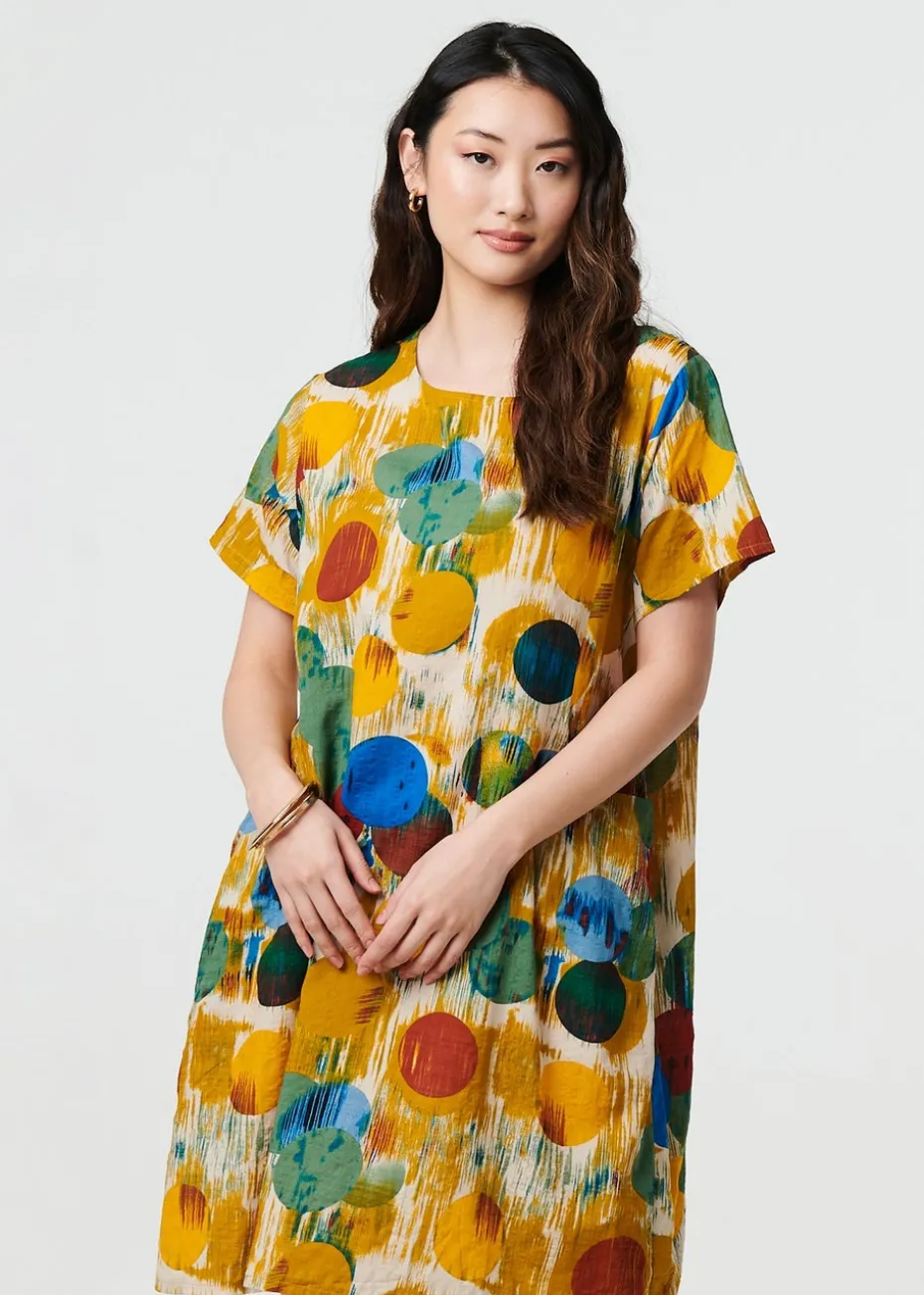 Izabel London Yellow Geo Print Short Sleeve Knee Length Dress