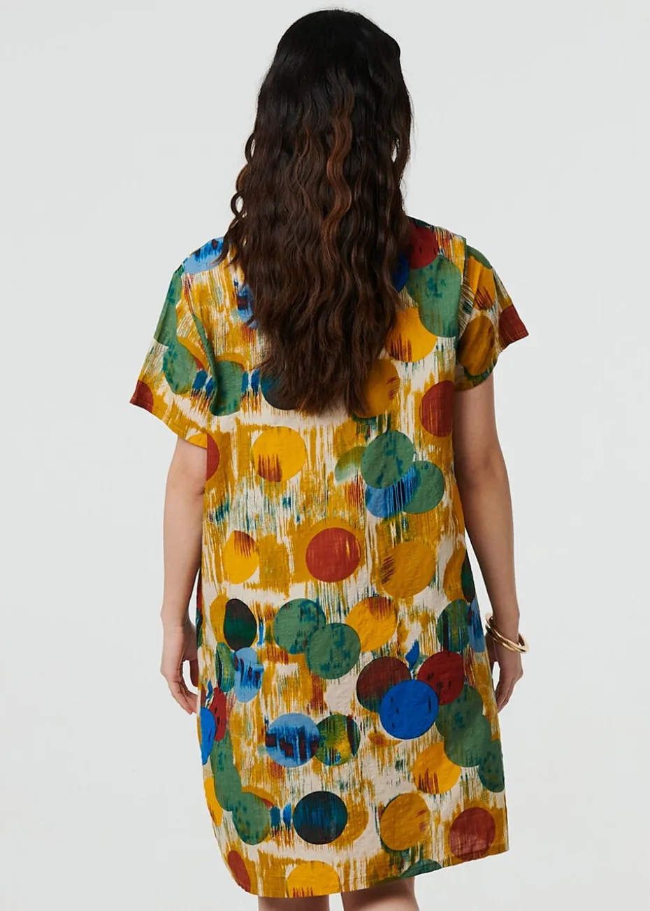 Izabel London Yellow Geo Print Short Sleeve Knee Length Dress