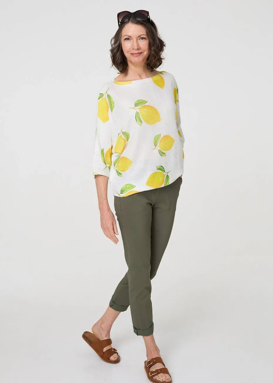 Izabel London Yellow Printed 3/4 Sleeve Knit Texture Top