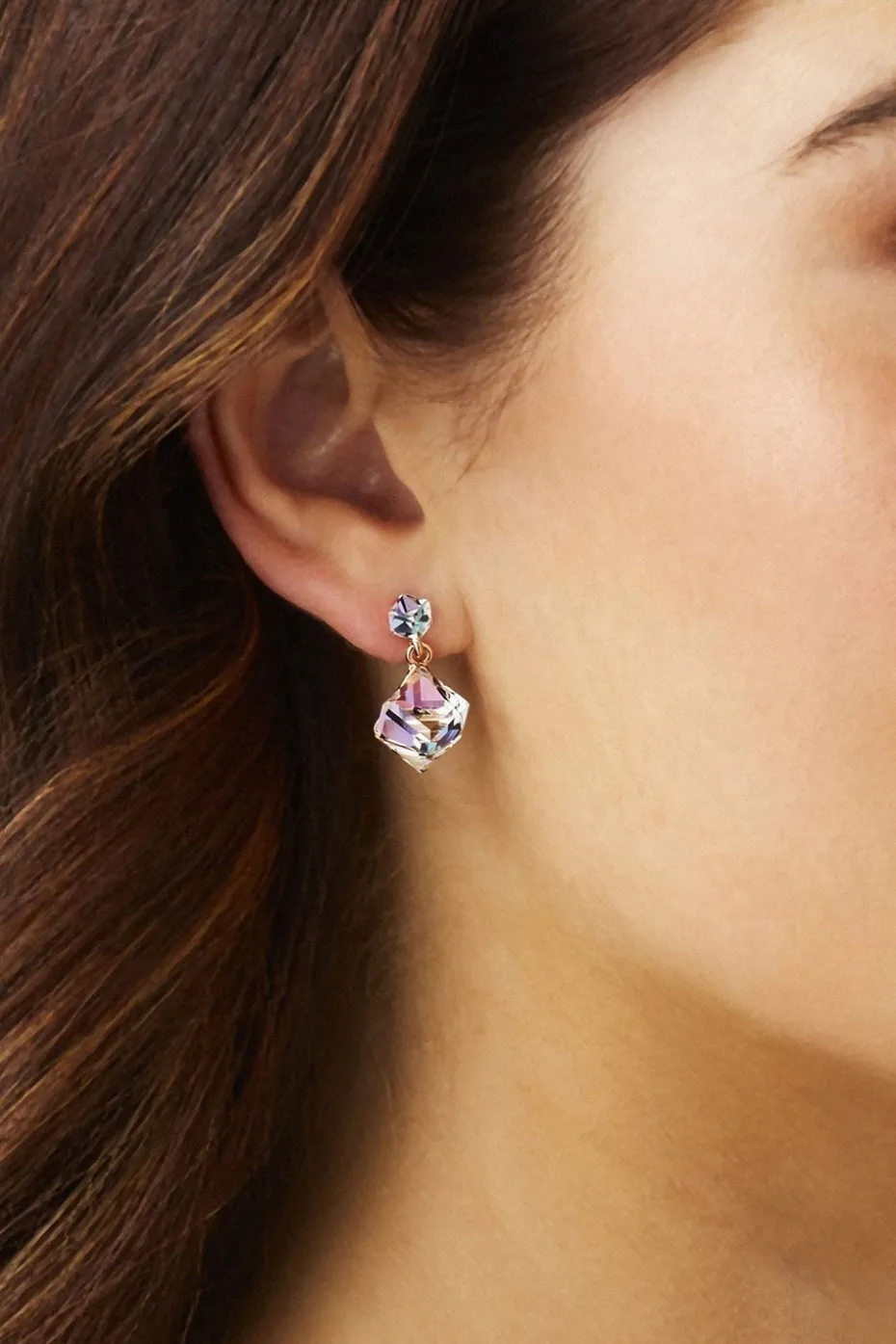 Jon Richard Radiance Collection Rose Gold Plated Aurora Borealis Cube Drop Earrings