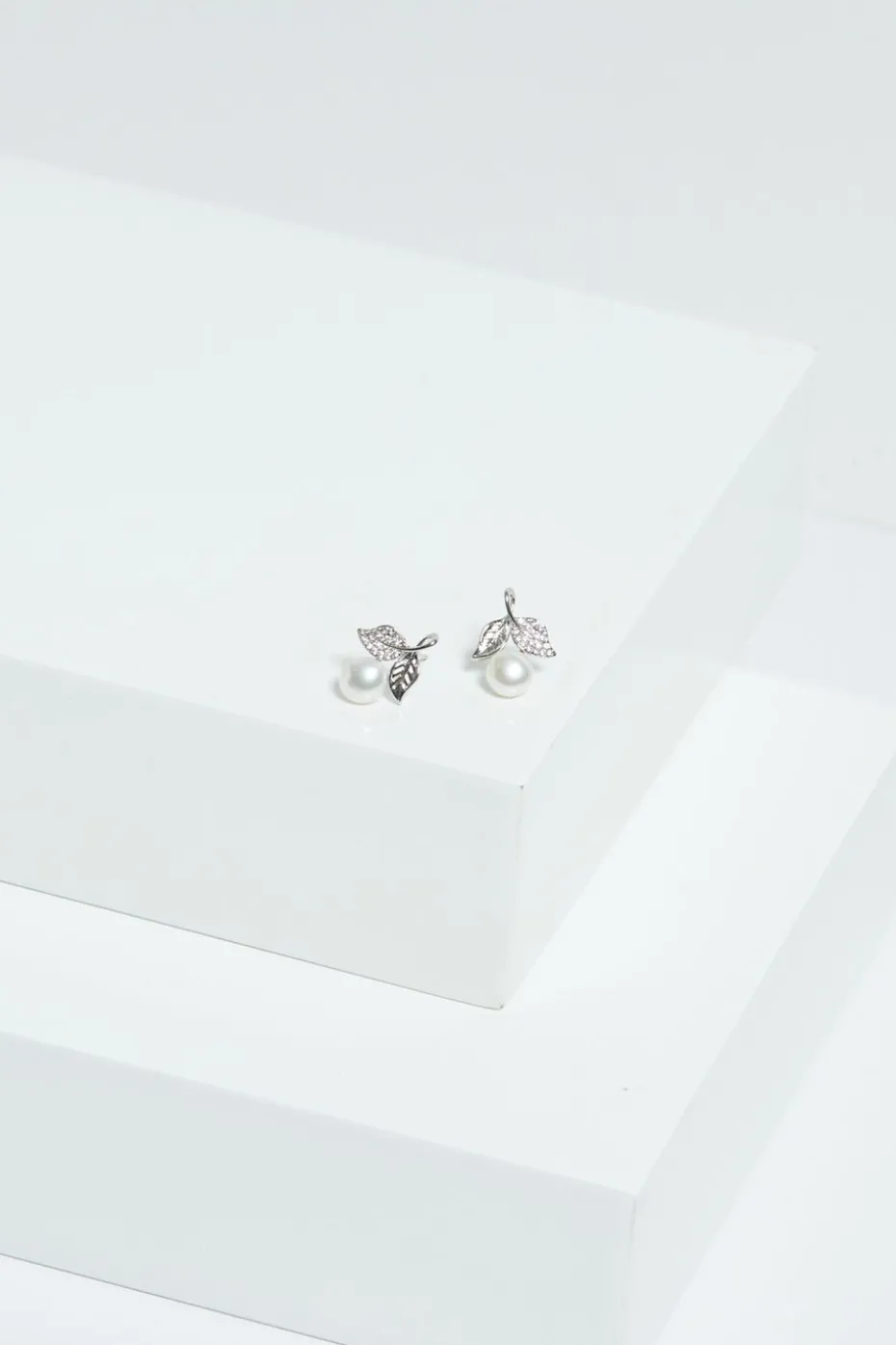 Jon Richard Rhodium Plated Leaf Cubic Zirconia & Pearl Earrings
