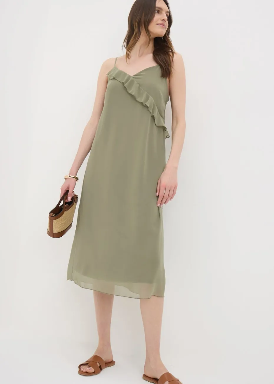 Khaki Frill Strappy Midi Dress