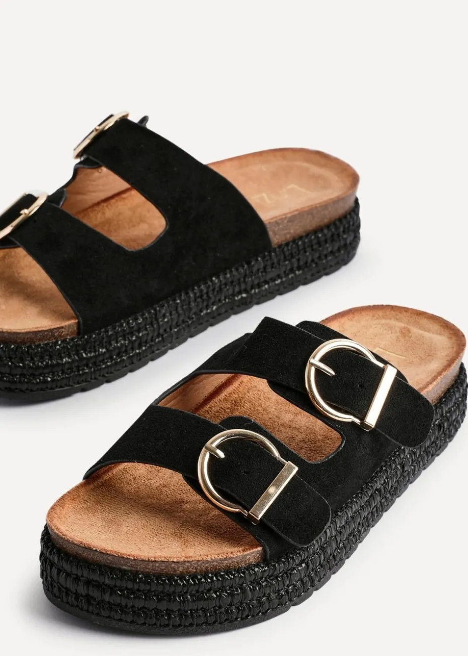 Linzi Alabama Black Faux Suede Double Buckle Plaited Flatform Slider