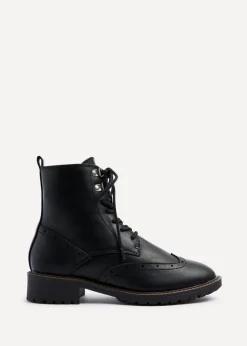 Linzi Ashleigh Black Faux Leather Lace Up Military Boot