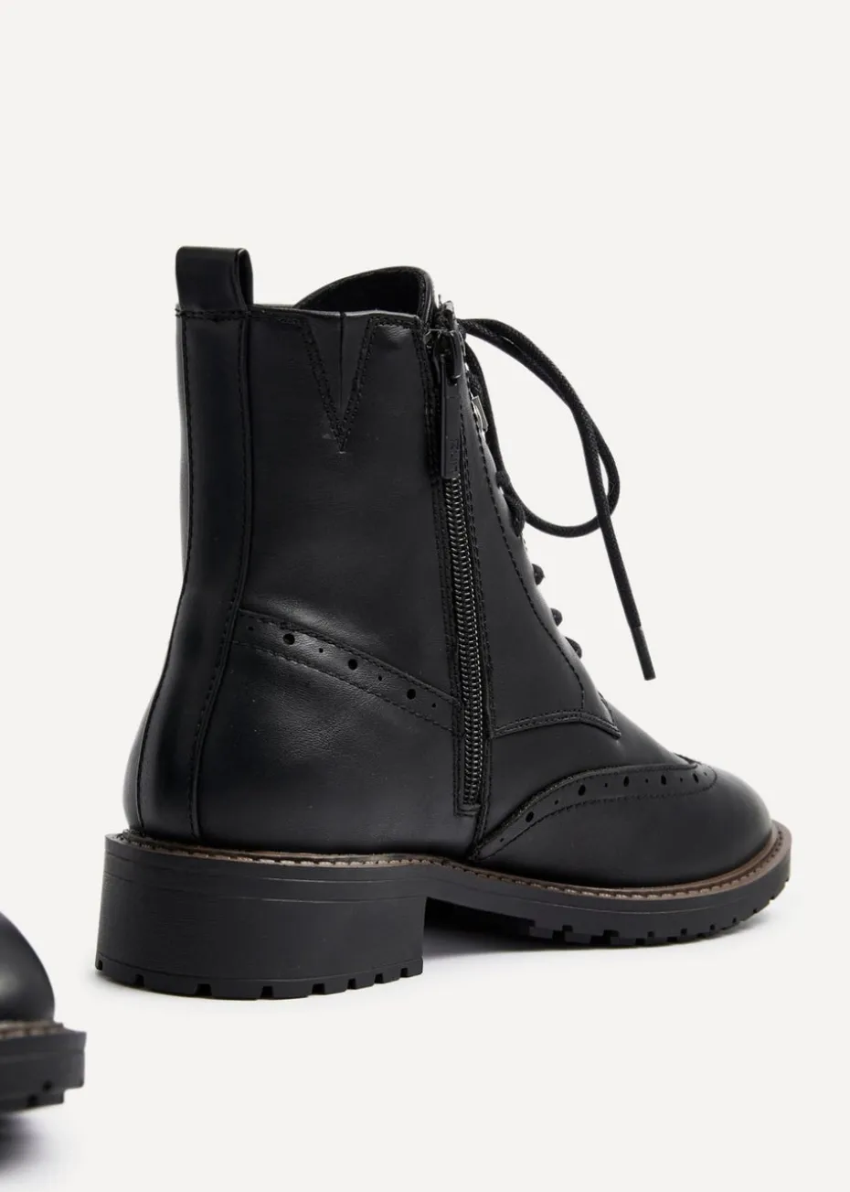 Linzi Ashleigh Black Faux Leather Lace Up Military Boot